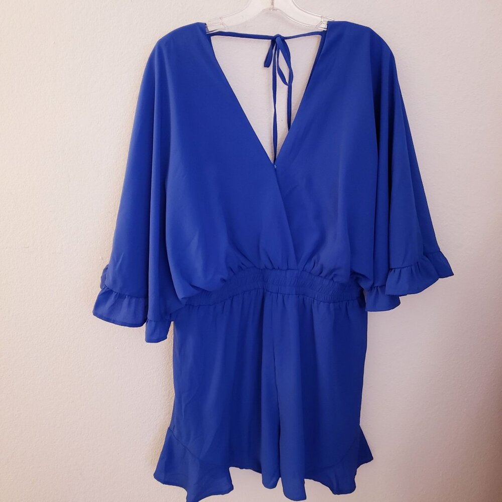She + Sky Blue Oversize Sleeved Ruffle Hem Lightweight Romper Size 1X EUC